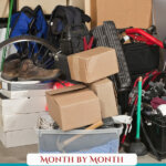 Pinterest pin on decluttering your home month by month. Image of a very messy garage.