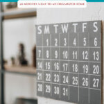 Pinterest pin on decluttering your home month by month. Images of cleaning supplies and monthly calendar.