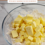 Pinterest pin for the best flaky pie crust recipe with an image of a bowl of flour and butter cubes on top.