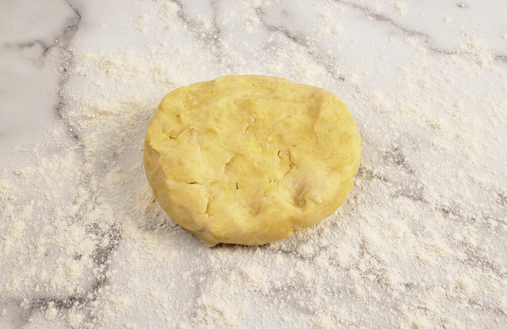 Pie dough formed into a disc shape.