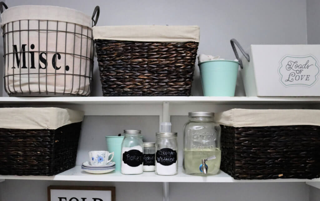 Organized shelves in a laundry room.