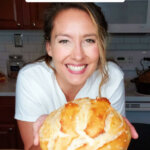 Pinterest pin for healthy ingredient swaps with an image of a woman holding a homemade loaf of bread.