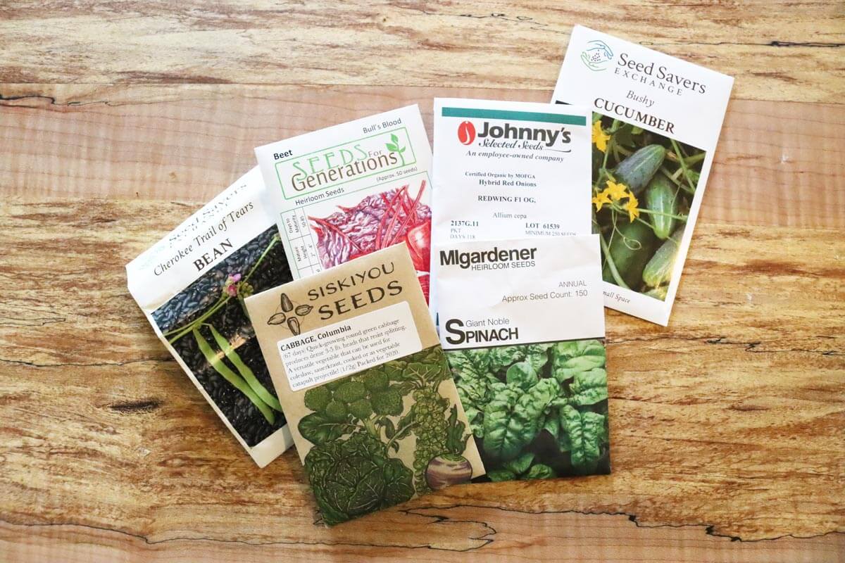 Heirloom seed packets from different companies sitting on a counter.