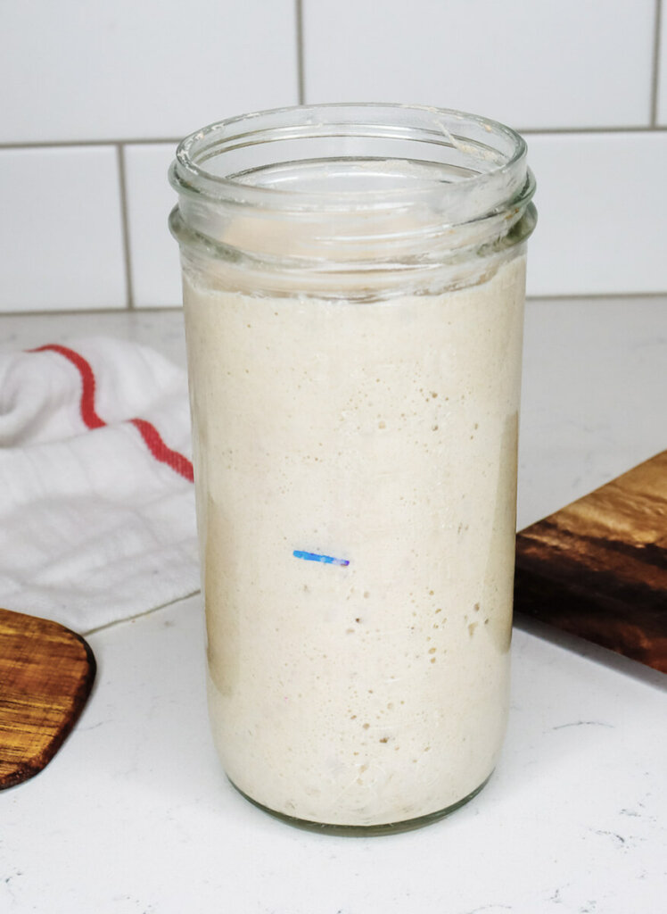 Jar of sourdough starter with a line drawn in the middle of the jar.