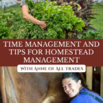 Pinterest pin with images of a woman working on the homestead gardening and taking care of animals.