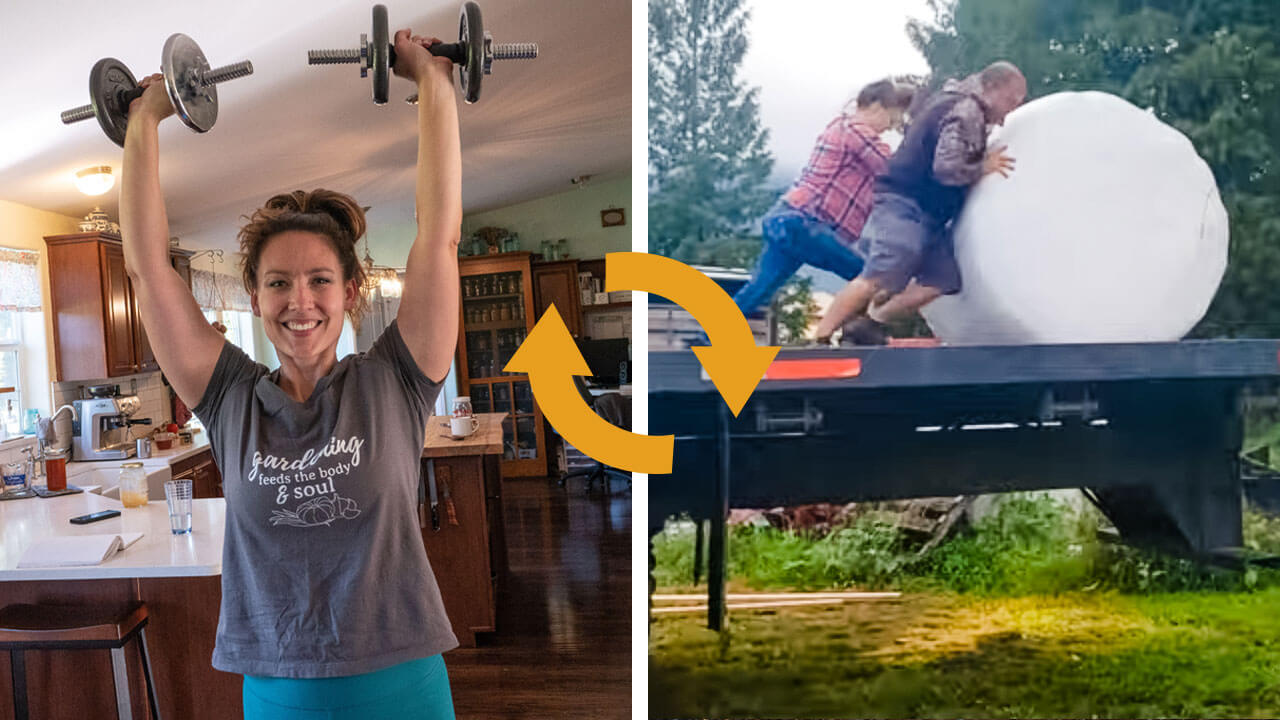 Two photos side by side, one of a woman lifting weights, the other of two people pushing a half-ton hay bale off a truck.