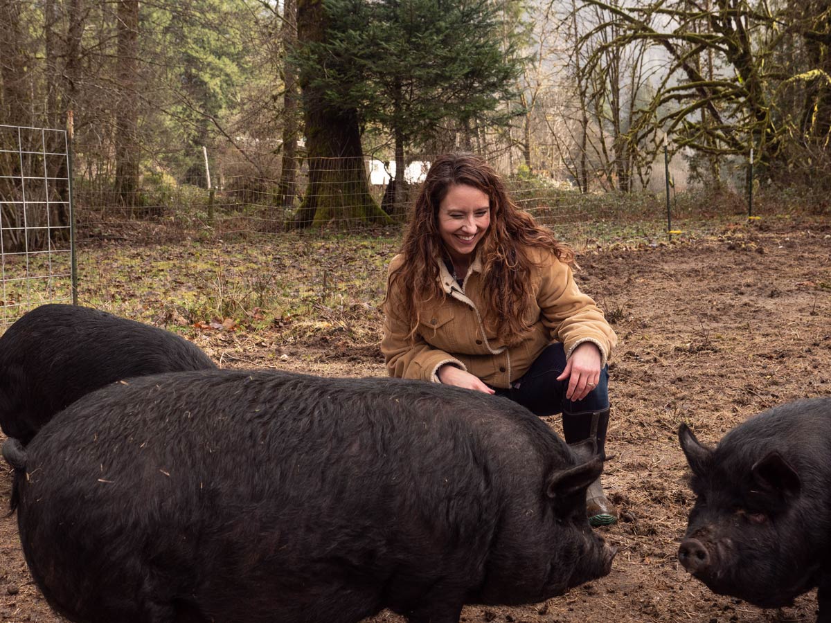 A woman laughing while petting pigs.