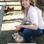 Pinterest pin for homesteading time management with an image of a woman kneeling inside a chicken tractor.
