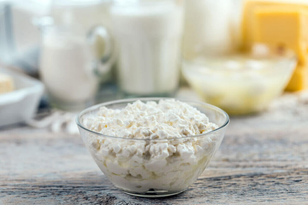 A bowl of cottage cheese in a glass bowl with other milk products in the background.