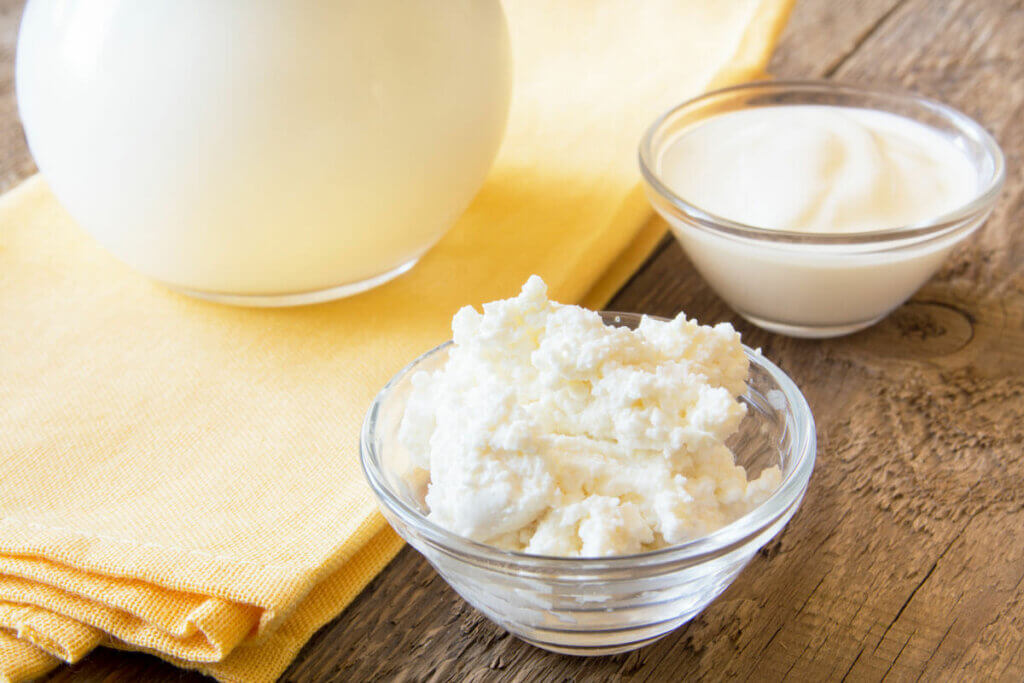 Two glass bowls with fermented dairy, curds and yogurt, sitting on a wooden table with a jar of milk in the background.