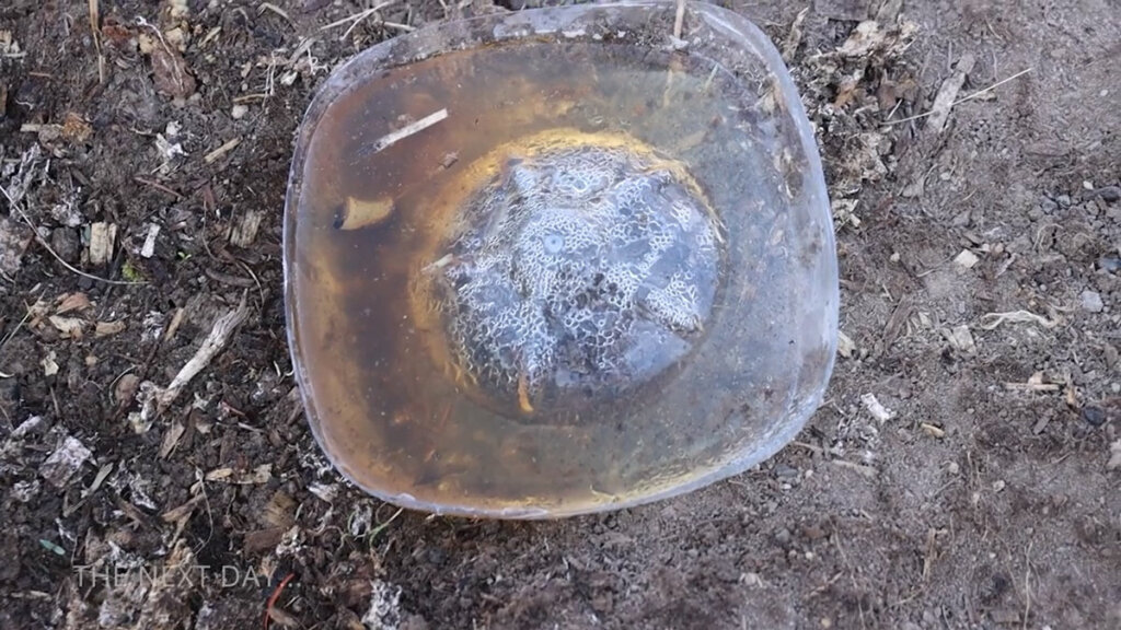 A shallow tray with beer in it and a dead slug.