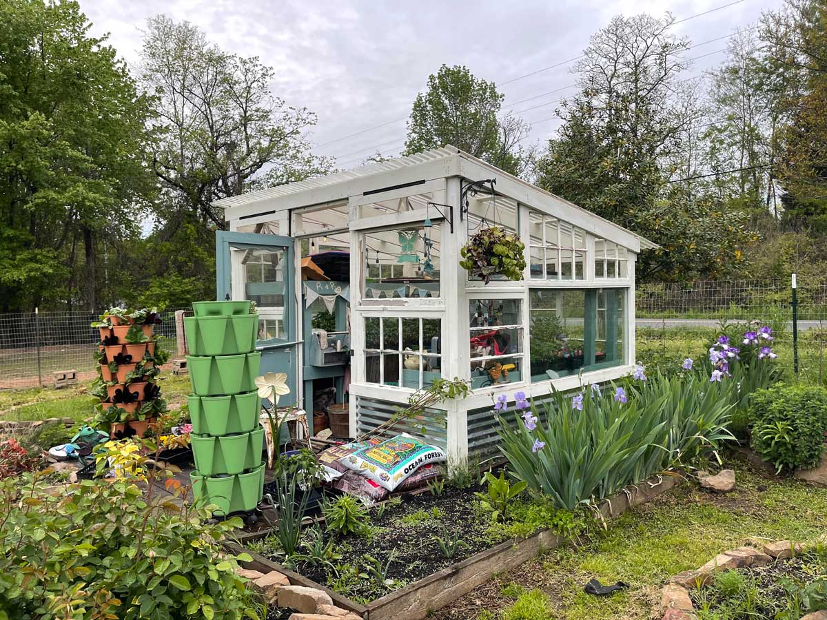 Image of a greenhouse with plants all around it.