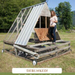 Pinterest pin about homesteading myths. Photos of a woman standing on a chicken tractor.