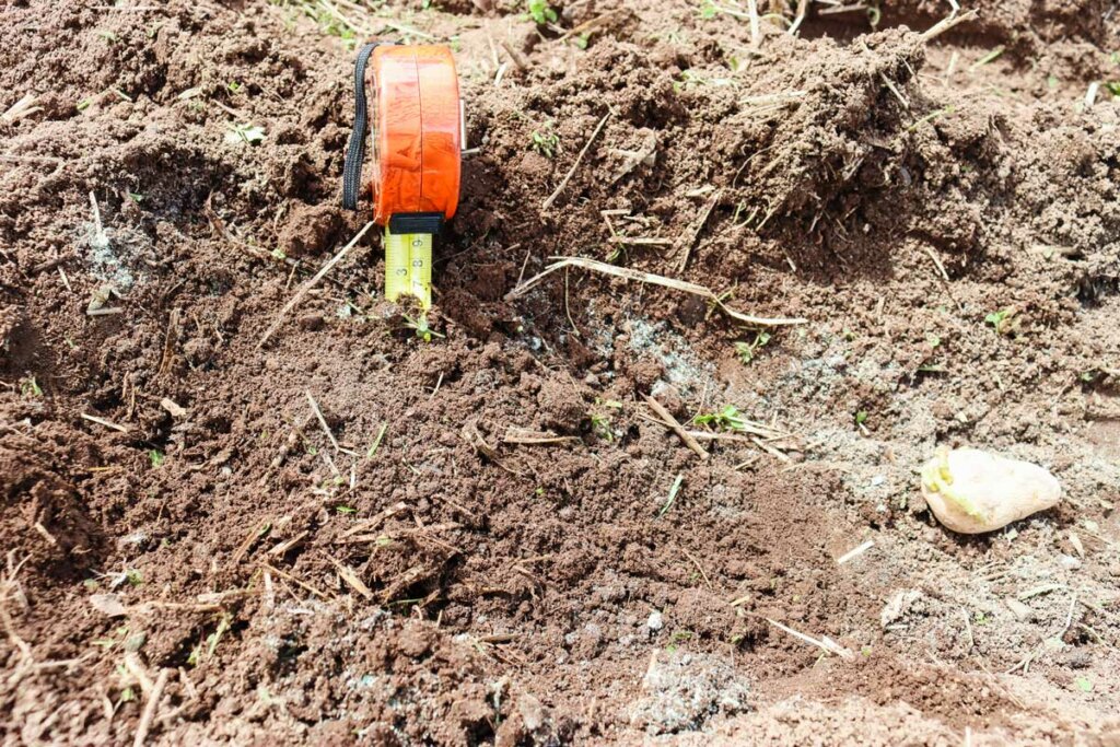 Image of a tape measure in the ground with dirt piled up about six inches.