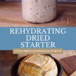 Pinterest pin for rehydrating a dehydrated sourdough starter. Images of sourdough starter in a jar and a loaf of homemade sourdough bread.