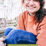 Pinterest pin for tips for beating the garden overwhelm with Jessica Sowards of Roots and Refuge Farm, photo of Jess sitting outside.