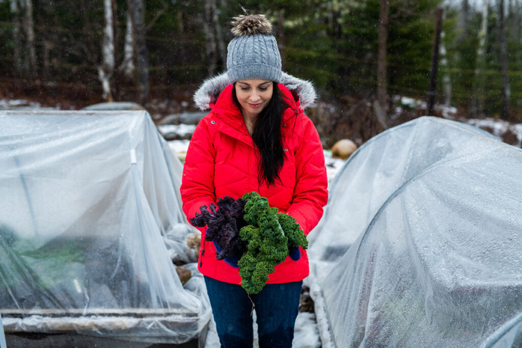 A woman holding a handful of fresh picked kale, standing in the garden surrounded by covered raised garden beds.