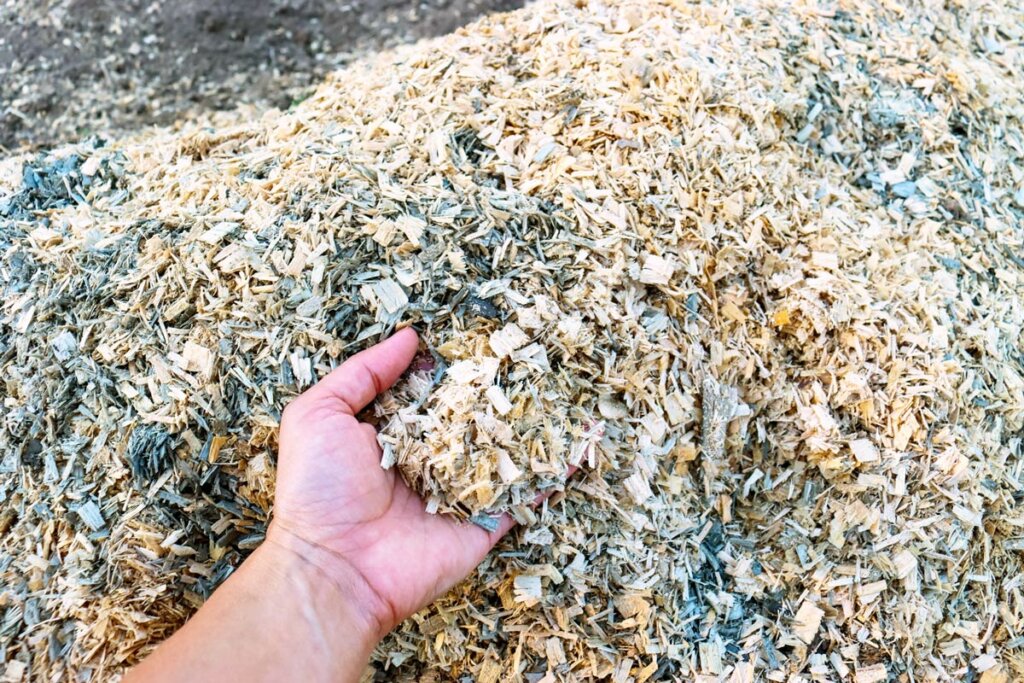 A hand scooping up a handful of woodchips from a pile.