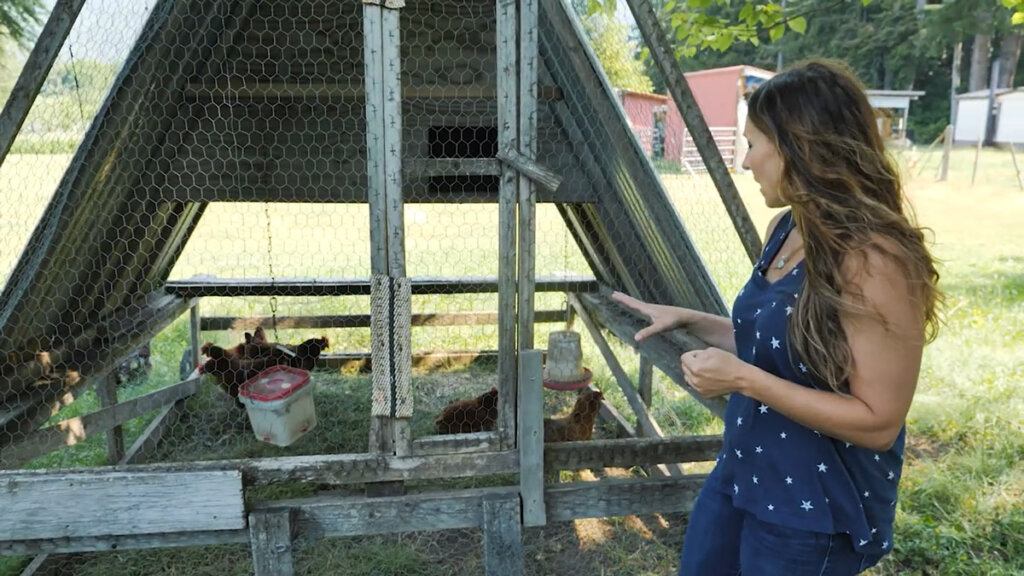 A woman standing beside a mobile chicken tractor with chickens inside.