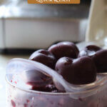 Pinterest pin for homemade cherry jam. Images of cherries and jars of jam.