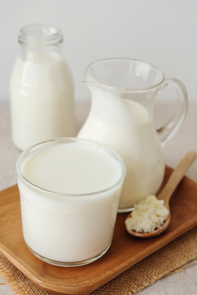 Different forms of dairy sitting on a counter.