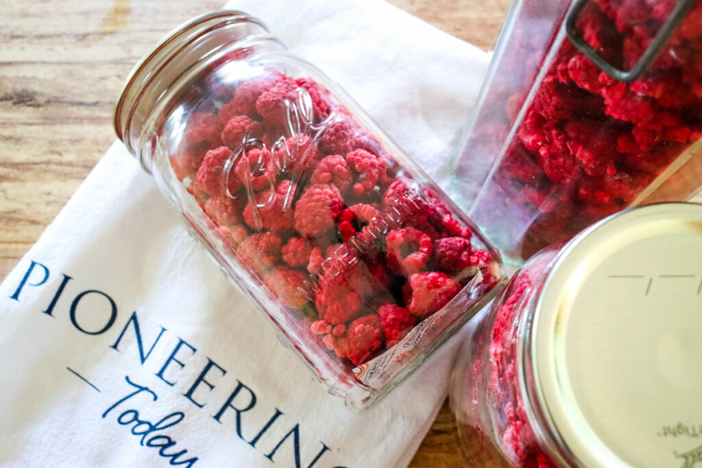 Quart jars of freeze dried raspberries.