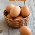 Pinterest pin for preserving milk, cheese, eggs, and meat with images of eggs in a basket on a wooden counter.