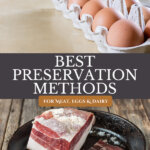 Pinterest pin for preserving milk, cheese, eggs, and meat with images of eggs in a carton and cured meat cooking in a cast iron pan..