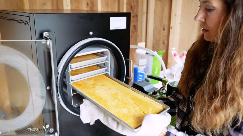 Image of tray of freeze dried eggs coming out of the freeze dryer.