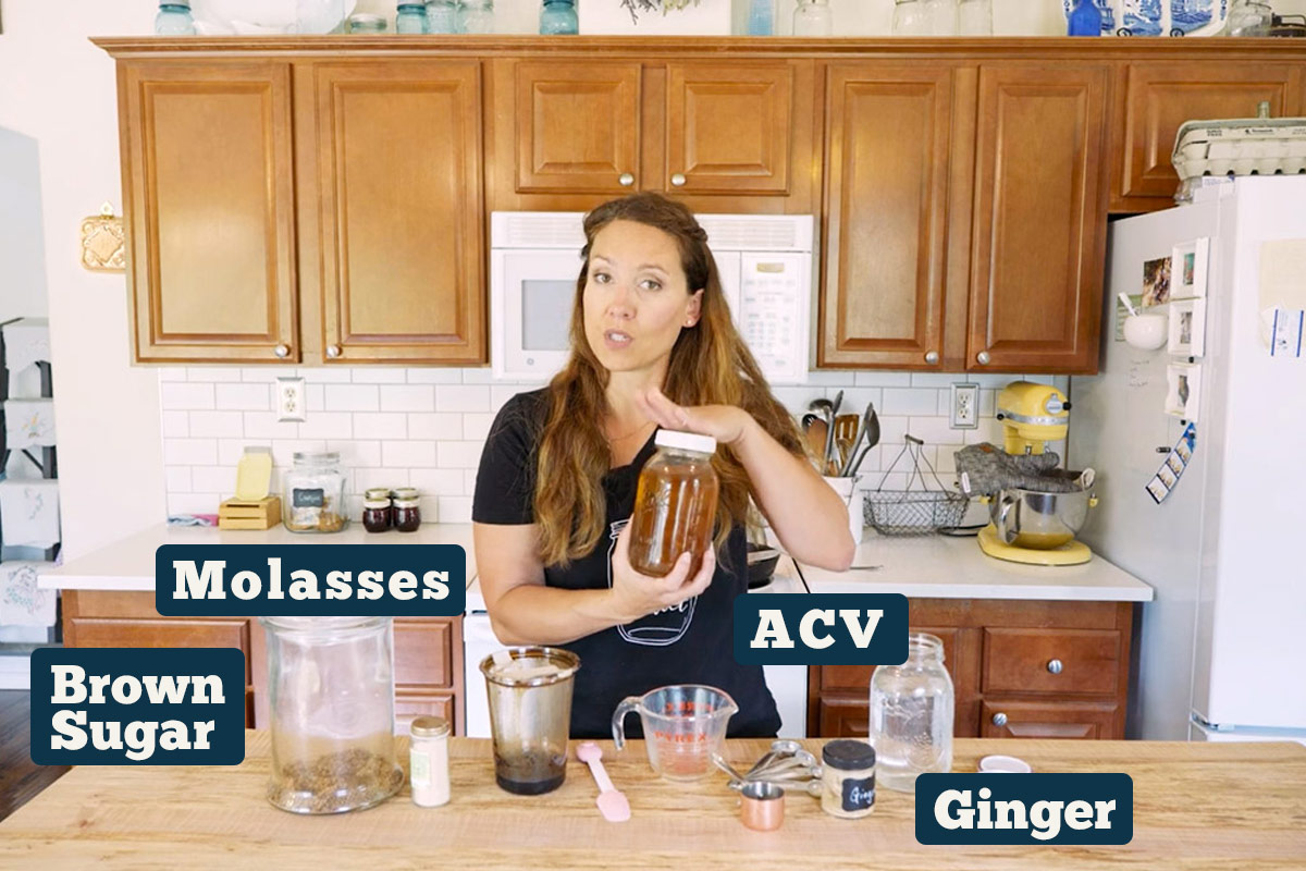 Switchel recipe ingredients: molasses, ACV, brown sugar, and ginger.