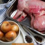 Pinterest pin for raising meat rabbits. Image of a butchered rabbit in a roasting pan.