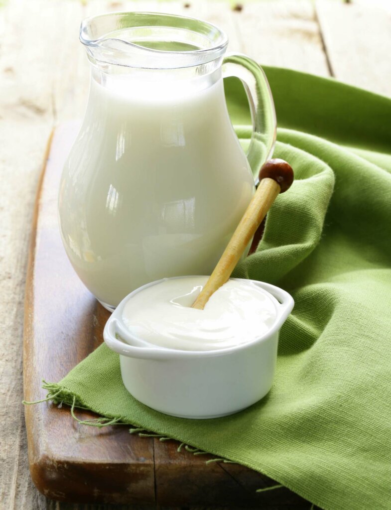 A glass pitcher of milk with a bowl of yogurt in front, sitting on a green napkin.
