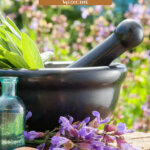 Pinterest pin on alternative medicine with herbs. A photo of a mortar and pestle with medicinal herbs and flowers.