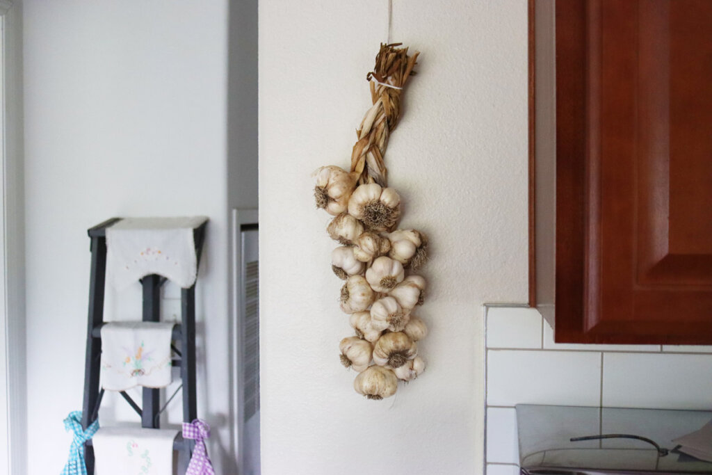Braided garlic hanging on the wall in a kitchen.