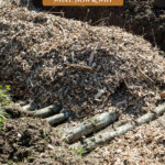 Pinterest pin for how to use hugelkultur garden beds. Image of a garden bed being constructed from logs and wood mulch.