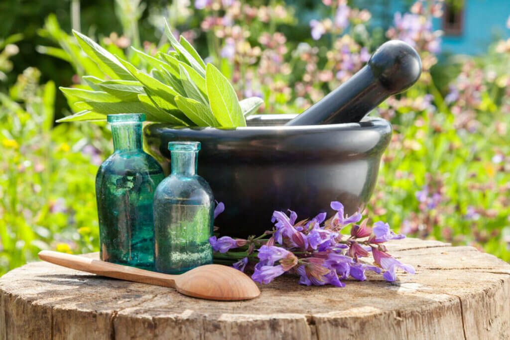 A mortar and pestle with fresh herbs inside.