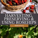Pinterest pin on the medicinal uses for rosehips. Image of rosehips.