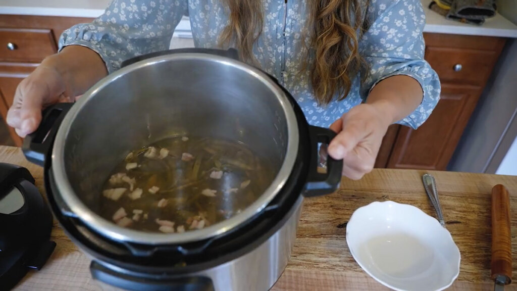 An Instant Pot filled with cooked leather britches.