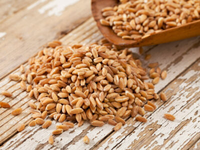 Grains on a wooden counter.