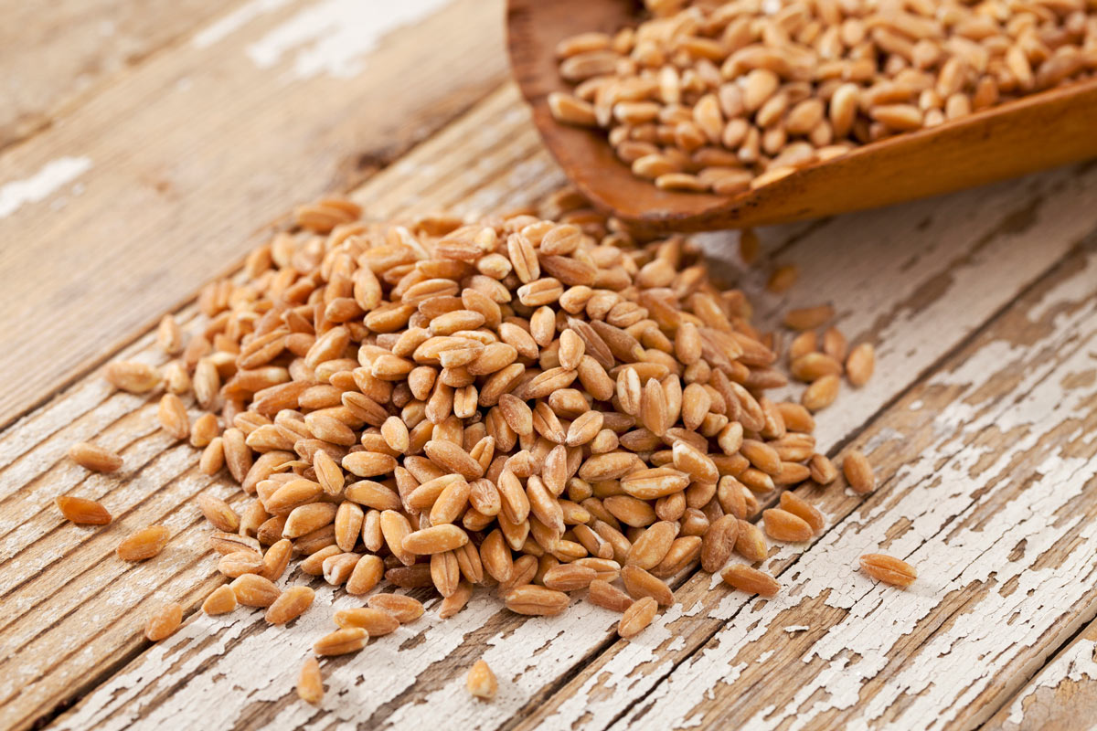 Grains on a wooden counter.