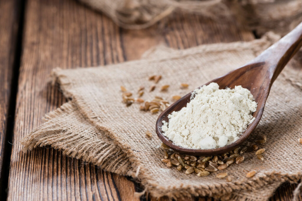 Spelt berries and ground flour on a counter.