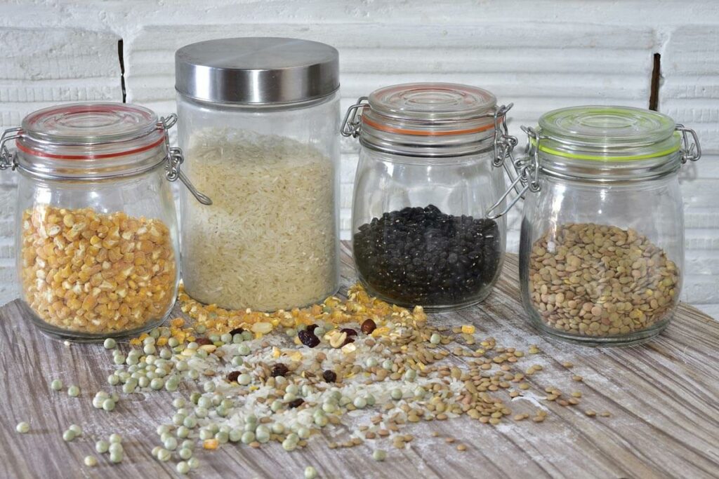 Dry goods in jars for pantry staples.