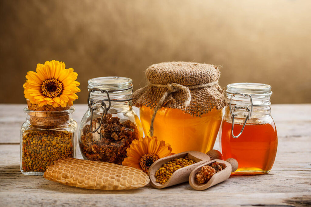 Bee products, honey, honeycomb, propolis, etc.