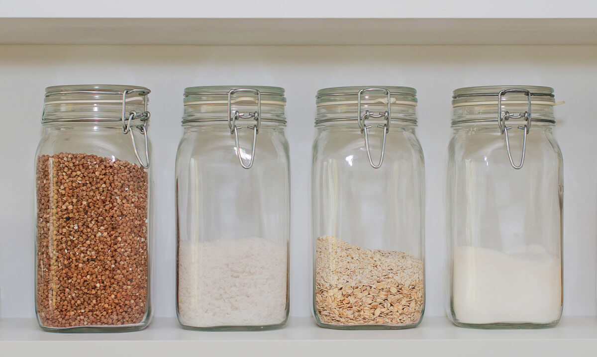 Dry goods in jars for pantry staples.