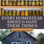 Pinterest pin for items every homestead should have to be prepared. Image of a pantry lined with home-canned food and a homestead.