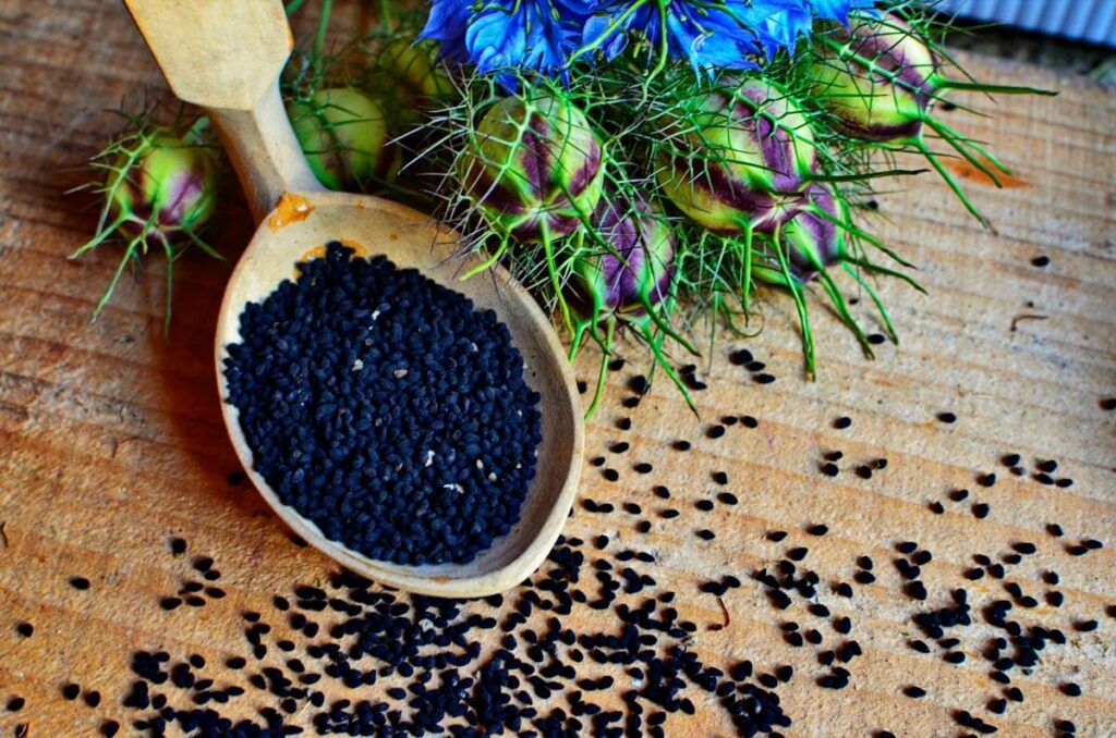 Black cumin seeds on a table with black cumin flowers beside.