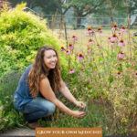 Pinterest pin on how to plan a medicinal herb garden. Image of a woman in her herb garden.