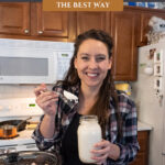 Pinterest pin for how to render lard. Image of a woman scooping lard from a jar.