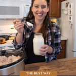 Pinterest pin for how to render lard. Image of a woman scooping lard from a jar.