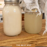 Pinterest pin for how to render lard. Image of two jars of lard, one liquid one solidified.